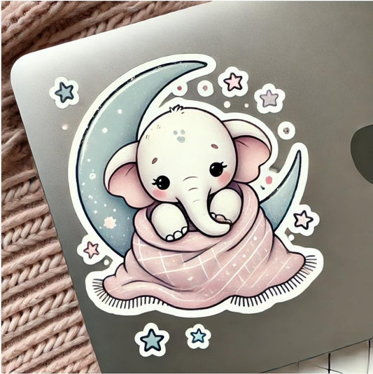 Vinyl sticker: Dreamy Baby Elephant Wall Laptop Car Window Bumper Sticker Decal – Waterproof Vinyl Elephant Wrapped in Blanket for Water Bottles