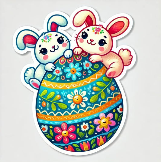 Vinyl sticker: Easter Bunnies on Decorated Egg Sticker for Laptop, Wall, Car, Window, Bumper, Decal, Truck, Waterproof, Auto, Water Bottle – Playful Rabbits with Floral Egg (4)