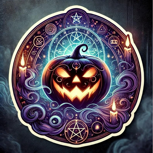 Vinyl sticker: Enigmatic Runes Mystic Pumpkin Sticker for Laptop, Wall, Car, Window, Bumper, Waterproof Decal with Glowing Jack-o'-Lantern, Swirling Mist, and Mystical Symbols (6)