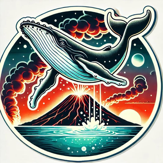 Vinyl sticker: Waterproof Car Laptop Wall Window Bumper Sticker Decal of Humpback Whale Jumping Before Glowing Volcanic Island with Fiery Tropical Sunset