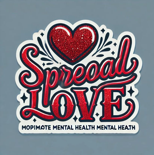 Vinyl sticker: "Spread Love" Red Glitter Heart Sticker Decal for Laptop, Wall, Car, Window, Bumper, Truck, Waterproof Auto, and Water Bottle – Motivational Mental Health Awareness Design.
