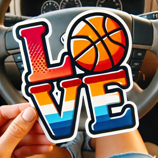 Vinyl sticker: Basketball Love Funny Decal Sticker for Laptop, Wall, Car, Window, Bumper, Truck, Waterproof Auto, and Water Bottle - Bold Love Design with Basketball in Colorful Typography