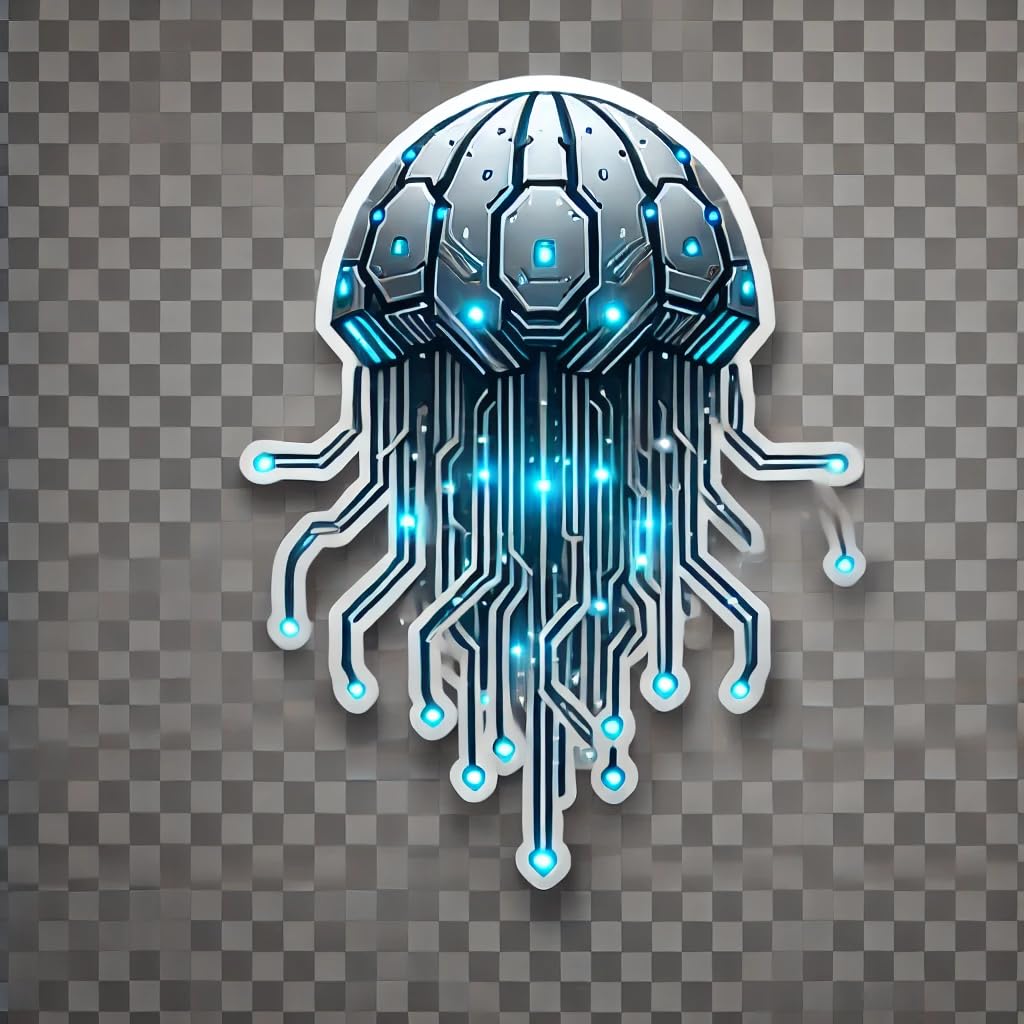 Vinyl sticker: Laptop Wall Car Window Bumper Sticker - Futuristic Jellyfish Decal with Metallic Robotic Design, LED Glowing Tentacles, Waterproof and UV Resistant, Perfect for Laptops, Cars, Water Bottles.