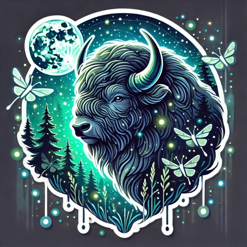 Vinyl sticker: Moonlit Forest Bison Wall Sticker for Car, Laptop, Window, Bumper, Waterproof Vinyl Decal for Trucks, Auto, Water Bottles (4)