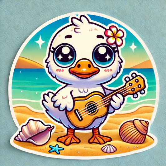 Vinyl sticker: Waterproof Car Laptop Wall Bumper Sticker Window Auto Truck Decal Water Bottle Featuring Kawaii Hawaiian Goose Nene with Ukulele on Sandy Beach and Shells