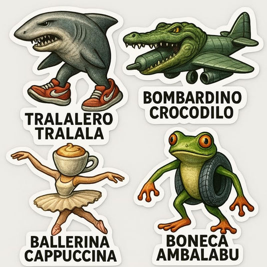 Vinyl sticker: Italian Brainrot Characters Sticker Pack – Waterproof Funny Decals for Laptop, Wall, Car, Window, Bumper, Water Bottle, Auto, Truck – AI-Style Shark, Frog, Crocodile, Ballerina Meme Art – Variation 1