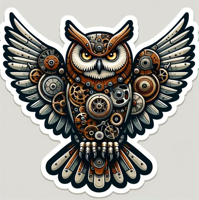 Vinyl sticker: Mechanical Owl Sticker – Steampunk Gear Decal for Laptops, Cars, and Windows