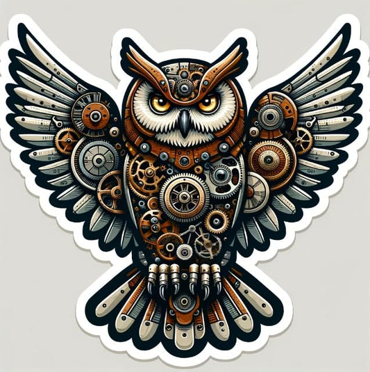 Vinyl sticker: Mechanical Owl Sticker – Steampunk Gear Decal for Laptops, Cars, and Windows
