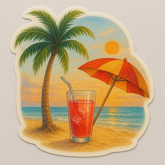 Vinyl sticker: Realistic Sunset Beach Sticker – Waterproof Vinyl Decal for Laptop, Wall, Car, Window, Bumper, Water Bottle, Auto, Truck – Palm Tree, Cocktail, Red-Orange Umbrella Art – Variation 9