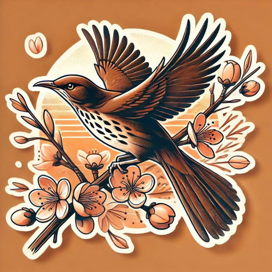 Vinyl sticker: Laptop Car Wall Window Bumper Sticker Waterproof Auto Decal Truck Water Bottle – Flying Brown Thrasher Georgia Bird Over Peach Blossoms Artistic Nature Style