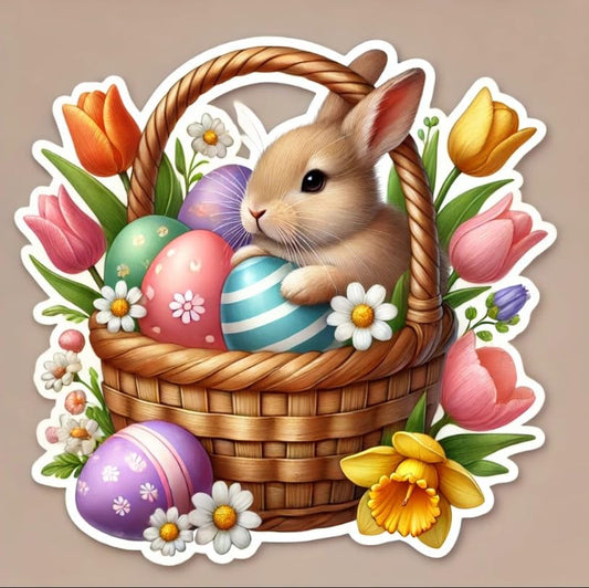 Vinyl sticker: Easter Basket with Realistic Rabbit Laptop Wall Car Window Bumper Sticker Decal Truck Waterproof Auto Water Bottle – Lifelike Bunny & Soft Pastel Easter Eggs