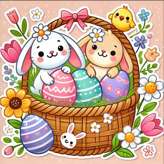 Vinyl sticker: Easter Basket with Animals Laptop Wall Car Window Bumper Sticker Decal Truck Waterproof Auto Water Bottle – Cute Bunnies & Chicks with Colorful Eggs