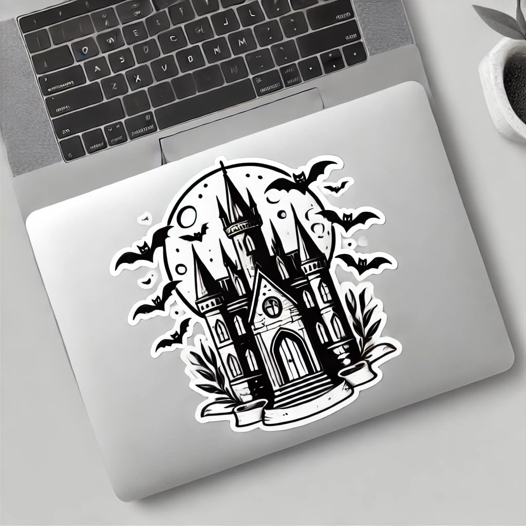 Vinyl sticker: Haunted Castle with Bats and Crescent Moon Sticker for Laptop, Wall, Car, Window, Bumper, and Water Bottle - Waterproof Vinyl Decal for Truck and Auto (4)