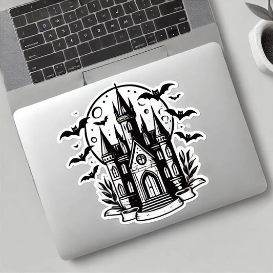 Vinyl sticker: Haunted Castle with Bats and Crescent Moon Sticker for Laptop, Wall, Car, Window, Bumper, and Water Bottle - Waterproof Vinyl Decal for Truck and Auto (4)