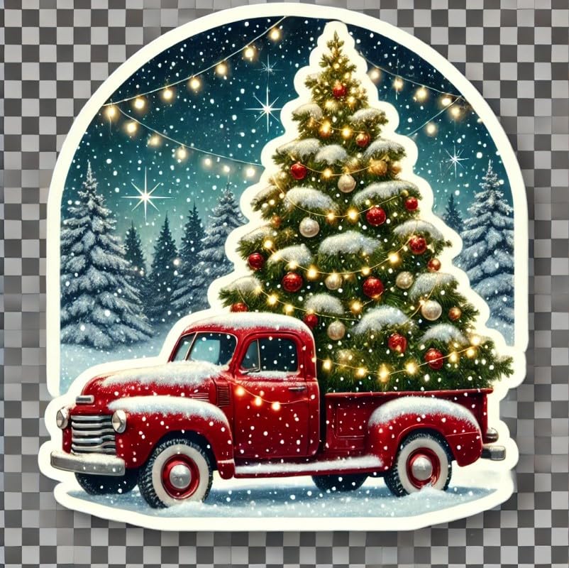 Vinyl sticker: Christmas Cozy Red Truck with Snowy Tree Laptop Wall Car Window Bumper Sticker Decal for Truck Waterproof Auto and Water Bottle