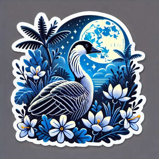 Vinyl sticker: Laptop Wall Car Window Bumper Sticker Decal Waterproof Truck Auto Water Bottle – Hawaiian Goose Nene Under Full Moon with Glowing Tropical Flowers and Nighttime Jungle Art