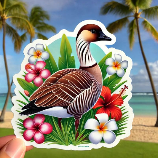 Vinyl sticker: Auto Laptop Wall Car Window Waterproof Bumper Sticker Truck Decal Water Bottle – Hawaiian Goose Nene with Palm Tree and Sunset Background in Tropical Nature Theme (6)