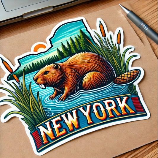 Vinyl sticker: North American Beaver Riverbank Scene Sticker Decal for Laptop, Wall, Car, Window, Waterproof Bumper Auto Truck Water Bottle