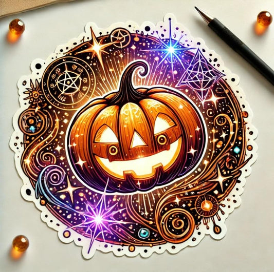 Vinyl sticker: Enchanted Smile Halloween Pumpkin Sticker for Laptop, Wall, Car, Window, Bumper, Waterproof Decal with Magical Energy, Sparkling Stars, and White Background