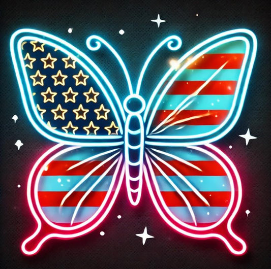 Vinyl sticker: Neon American Flag Butterfly Sticker - Glowing USA Decal for Laptop, Wall, Car, Window, Bumper, Truck, Waterproof Vinyl for Water Bottle and Auto (4)