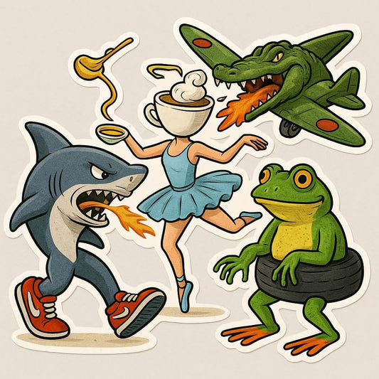 Vinyl sticker: Absurd AI Meme Sticker – Italian Brainrot Vinyl Decal for Laptop, Car, Bumper, Window, Water Bottle, Wall – Shark Fire, Frog Tire, Soup Ballerina & Croco Jet Fun – Variation 3