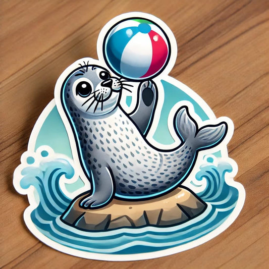 Vinyl sticker: Waterproof Harbor Seal Sticker Decal for Laptop, Wall, Car, Window, Bumper, Truck, Water Bottle, Auto – Playful Seal Balancing Beach Ball