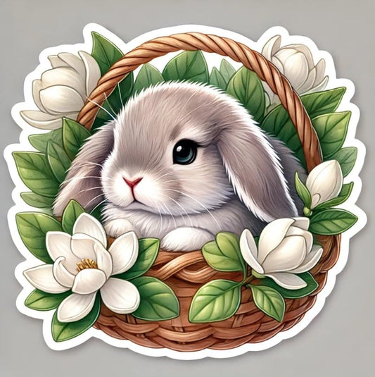 Vinyl sticker: Easter Bunny in Basket with White Magnolias Sticker for Laptop, Wall, Car, Window, Bumper, Decal, Truck, Waterproof, Auto, Water Bottle – Fluffy Grey Rabbit (4)