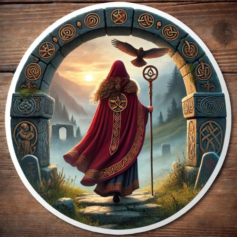 Vinyl sticker: Laptop Wall Car Window Bumper Sticker Decal Truck Waterproof Auto Water Bottle – Realistic Freyja Norse Goddess Entering Misty Valley Through Ancient Stone Arch with Falcon Staff