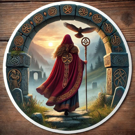 Vinyl sticker: Laptop Wall Car Window Bumper Sticker Decal Truck Waterproof Auto Water Bottle – Realistic Freyja Norse Goddess Entering Misty Valley Through Ancient Stone Arch with Falcon Staff