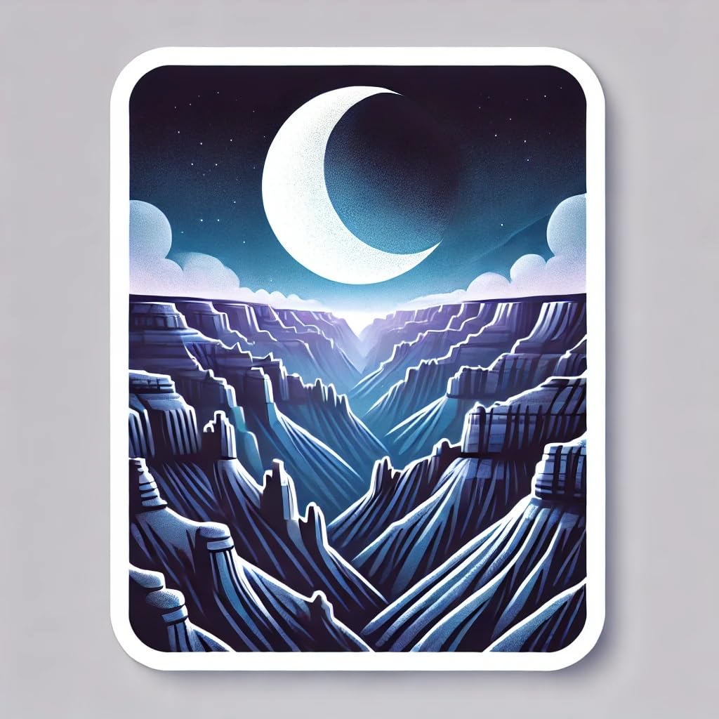 Vinyl sticker: Nightscape Moonlit Canyon Art Laptop Wall Car Window Bumper Sticker – Scenic Desert Landscape with Crescent Moon for Laptops, Trucks, Water Bottles, Auto Décor