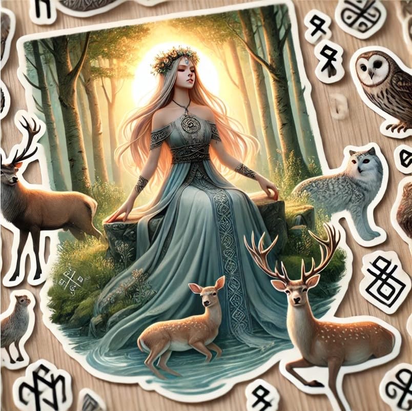 Vinyl sticker: Laptop Wall Car Window Bumper Sticker Decal Truck Waterproof Auto Water Bottle – Realistic Freyja Norse Goddess on Antler Throne with Deer, Owls, and Forest Runes