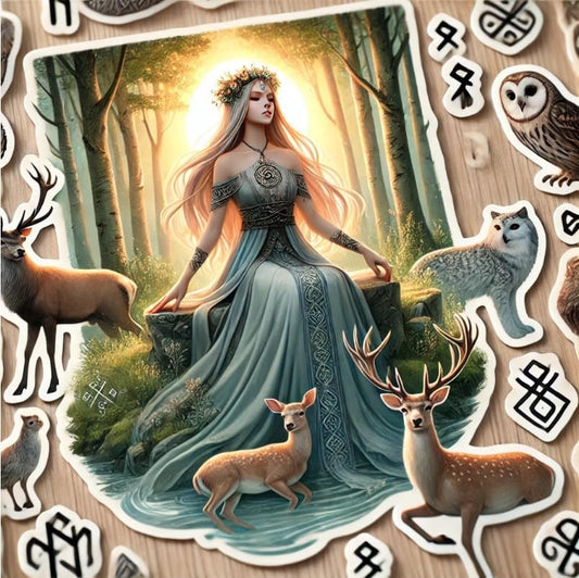 Vinyl sticker: Laptop Wall Car Window Bumper Sticker Decal Truck Waterproof Auto Water Bottle – Realistic Freyja Norse Goddess on Antler Throne with Deer, Owls, and Forest Runes