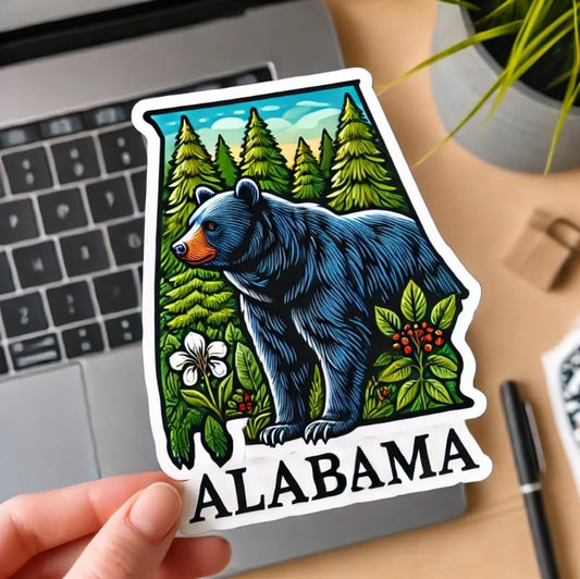 Vinyl sticker: Alabama Black Bear Wildlife Symbol Laptop Wall Car Window Bumper Sticker Decal Waterproof Auto Water Bottle Forest Scenic Design