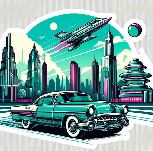 Vinyl sticker: Retro-Futuristic Skyline Sticker – Neon Flying Cars and Art Deco Cityscape Decal for Laptops, Cars, and Windows