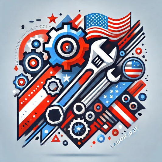 Vinyl sticker: Modern Labor Day Wall Car Window Bumper Sticker - Dynamic Geometric Tools and American Flag Decal, Vinyl Waterproof for Laptop, Truck, Auto, Water Bottle