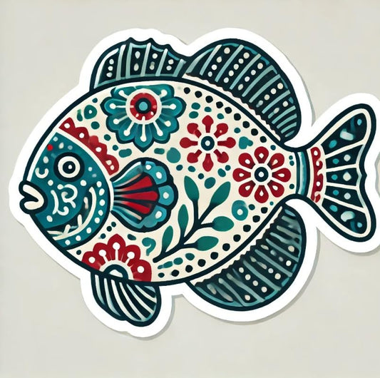 Vinyl sticker: Laptop Wall Car Window Bumper Sticker Decal Truck Waterproof Auto Water Bottle – Scandinavian Folk Art Undulated Triggerfish with Floral Pattern Design