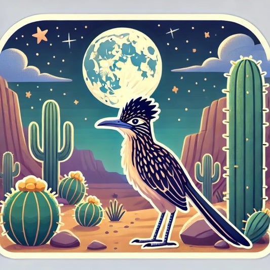 Vinyl sticker: Laptop Wall Car Window Bumper Sticker Decal Truck Waterproof Auto Water Bottle – Chaparral Bird Under Starry Desert Sky with Moonlight, Cactus and Rocks