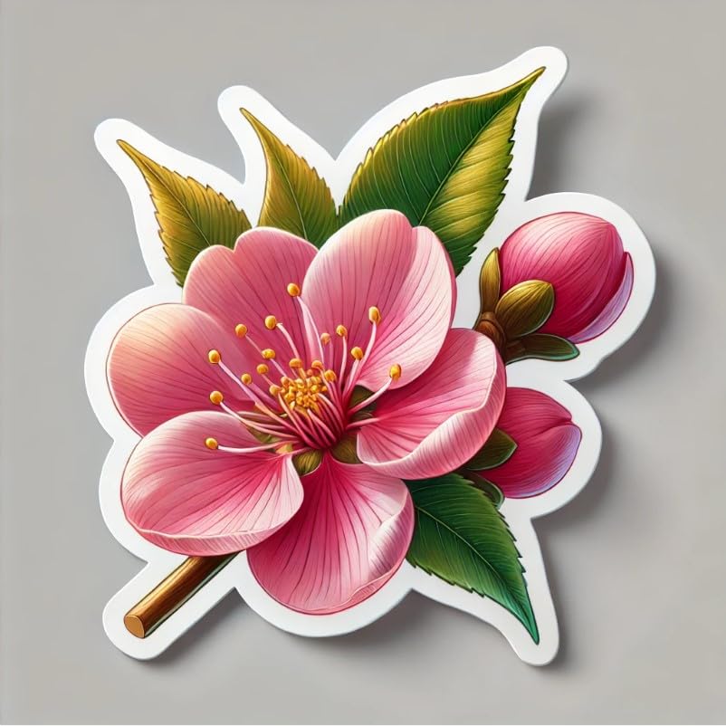 Vinyl sticker: Peach Blossom Laptop Wall Car Window Bumper Sticker Decal Truck Waterproof Auto Water Bottle – Realistic Botanical Illustration