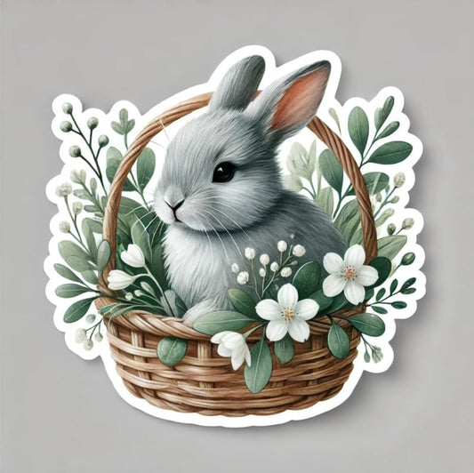 Vinyl sticker: Easter Bunny in Twig Basket with White Flowers Sticker for Laptop, Wall, Car, Window, Bumper, Decal, Truck, Waterproof, Auto, Water Bottle – Fluffy Grey Rabbit