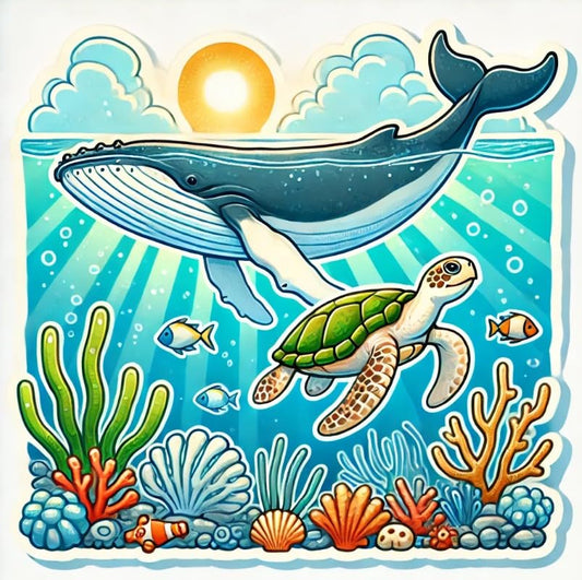 Vinyl sticker: Waterproof Laptop Wall Car Window Bumper Sticker Decal of Humpback Whale and Sea Turtle Swimming Together Over Coral Reef with Sun Rays