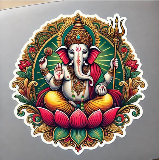 Vinyl sticker: Ganesha Blessing with Trident Laptop, Car, Water Bottle, Window Sticker - Traditional Floral Designs in Red, Green, and Gold - Strength and Protection Waterproof Decal for Bumpers and Auto