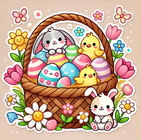 Vinyl sticker: Easter Basket with Animals Laptop Wall Car Window Bumper Sticker Decal Truck Waterproof Auto Water Bottle – Playful Bunny & Chicks with Colorful Eggs