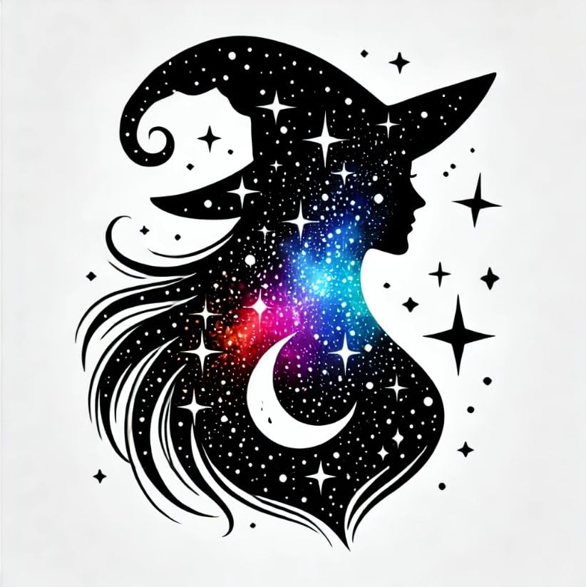 Vinyl sticker: Celestial Witch Silhouette - Green Starry Night Sticker Decal for Laptop, Wall, Car, Window, Bumper, Truck, Waterproof Auto, and Water Bottle – Mystical Halloween Gothic Design. Variation (4)