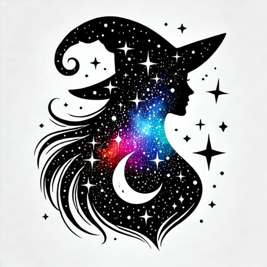 Vinyl sticker: Celestial Witch Silhouette - Green Starry Night Sticker Decal for Laptop, Wall, Car, Window, Bumper, Truck, Waterproof Auto, and Water Bottle – Mystical Halloween Gothic Design. Variation (4)