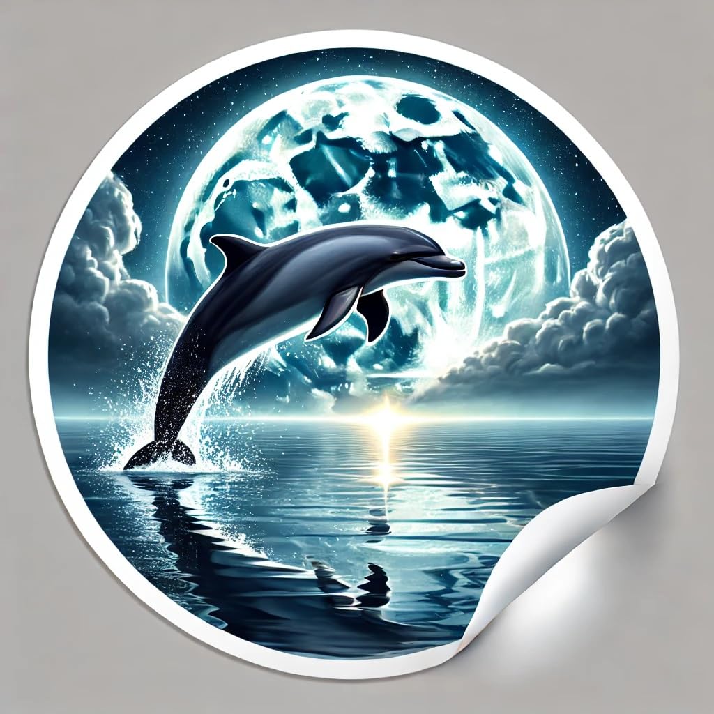 Vinyl sticker: Laptop Wall Car Window Bumper Sticker Decal Truck Waterproof Auto Water Bottle – Realistic Dolphin Jumping Over Moonlit Foggy Ocean with Soft Reflection and Tranquil Night Sky