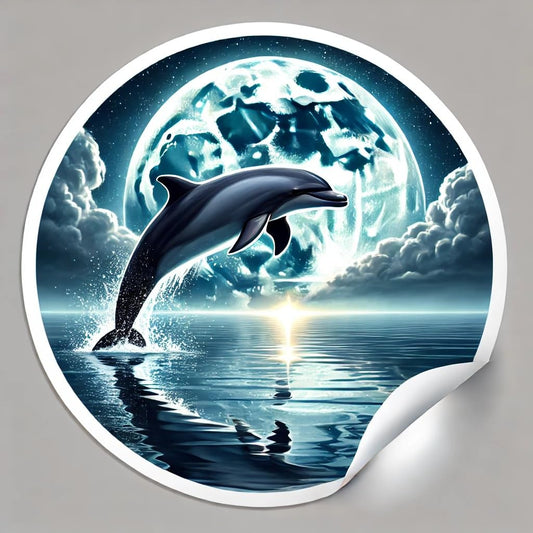 Vinyl sticker: Laptop Wall Car Window Bumper Sticker Decal Truck Waterproof Auto Water Bottle – Realistic Dolphin Jumping Over Moonlit Foggy Ocean with Soft Reflection and Tranquil Night Sky