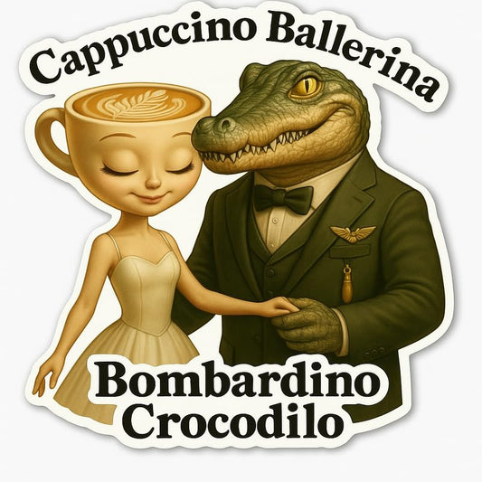 Vinyl sticker: Waterproof Cappuccino Ballerina & Bombardino Crocodilo Sticker for Laptop Wall Car Window Bumper Decal Truck Auto Water Bottle – Romantic Duo in Elegant Design 4in