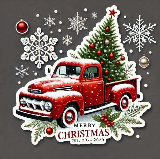 Vinyl sticker: Christmas Festive Red Truck with Snowy Tree Laptop Wall Car Window Bumper Sticker Decal for Truck Waterproof Auto and Water Bottle. Variation 3