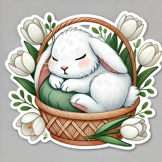 Vinyl sticker: Easter Bunny Sleeping in Basket with White Tulips Sticker for Laptop, Wall, Car, Window, Bumper, Decal, Truck, Waterproof, Auto, Water Bottle – Fluffy White Rabbit