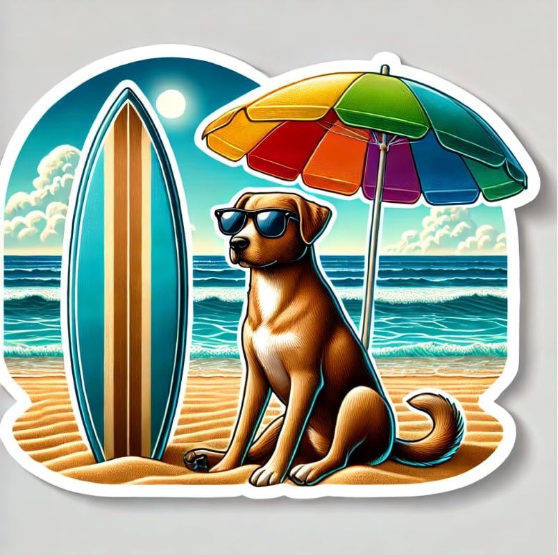 Vinyl sticker: Laptop Wall Car Window Bumper Sticker Decal Truck Waterproof Auto Water Bottle Dog with Sunglasses and Surfboard Beach Umbrella Surf Scene (4)